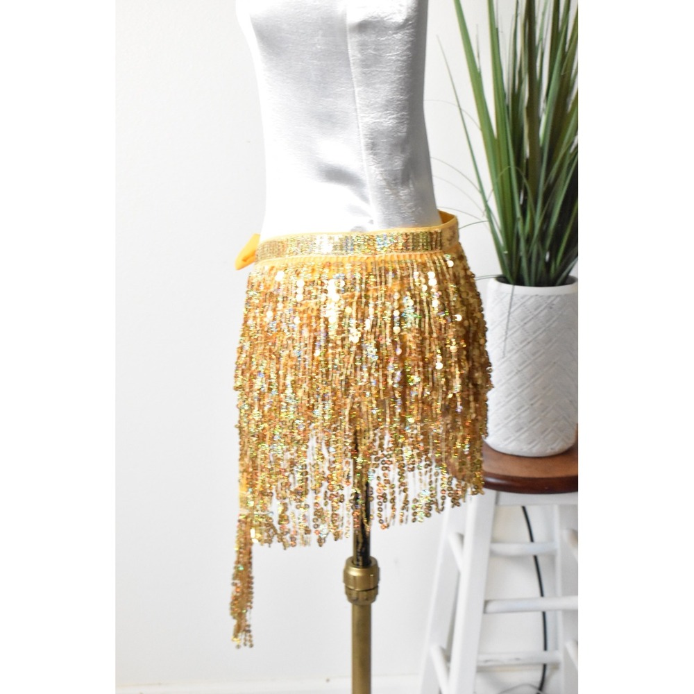 Sequin Hip Scarf Women One Size Gold Yellow Vintage Dance Wrap Skirt - Picture 6 of 10